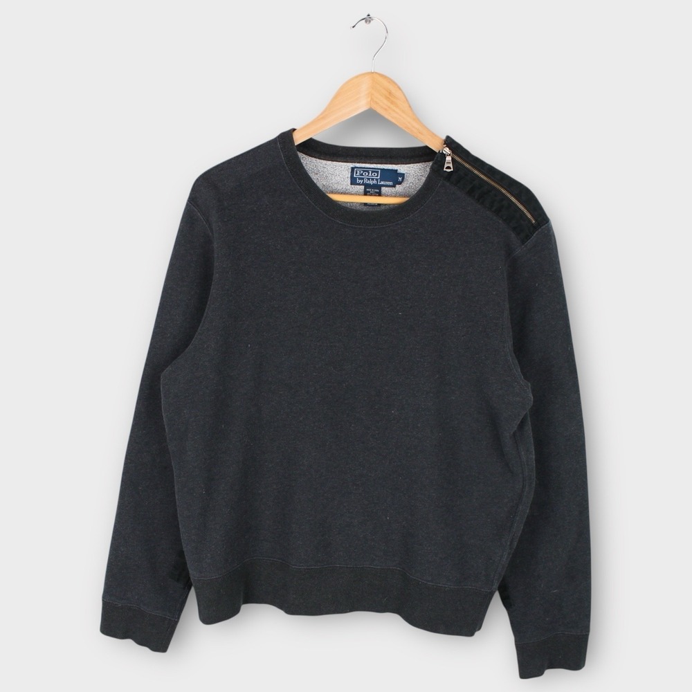 Polo Ralph Lauren Men's Crewneck Sweatshirt Shoulder Zip Elbow Patches Gray